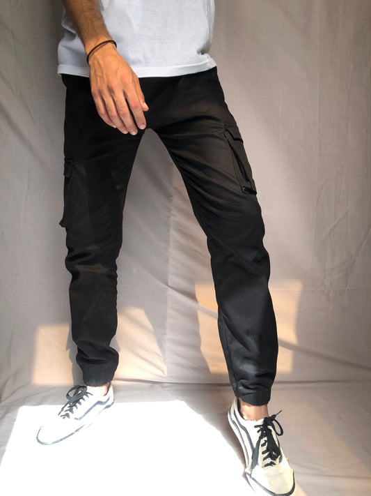 black fitted cargo trouser pants