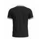 A black short-sleeve polo shirt shown from the back, featuring a white ribbed collar and white stripe trim on the sleeves, set against a plain white background.