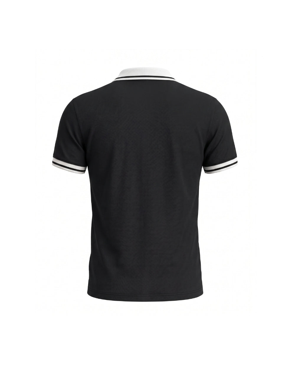 A black short-sleeve polo shirt shown from the back, featuring a white ribbed collar and white stripe trim on the sleeves, set against a plain white background.
