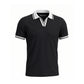 A black short-sleeve polo shirt with white contrast trim on the collar and sleeve cuffs, displayed on a clean white background.