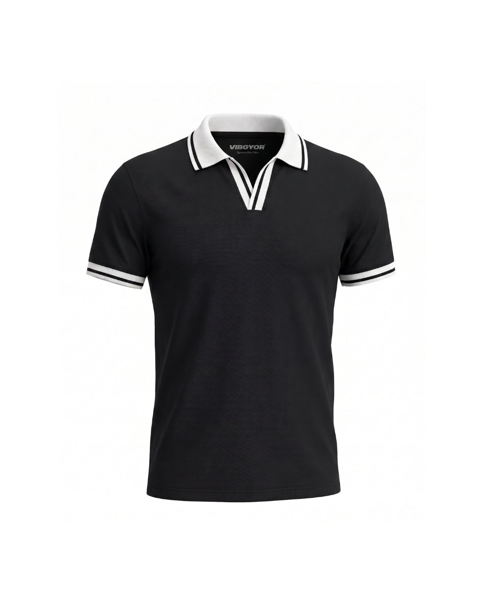 A black short-sleeve polo shirt with white contrast trim on the collar and sleeve cuffs, displayed on a clean white background.