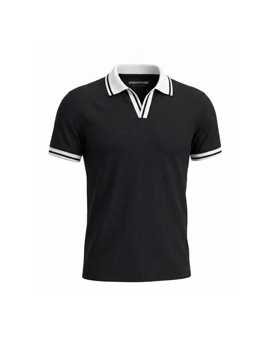 A black short-sleeve polo shirt with white contrast trim on the collar and sleeve cuffs, displayed on a clean white background.