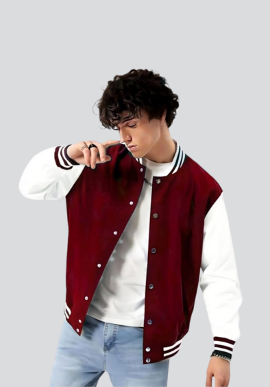 maroon varsity baseball jacket white