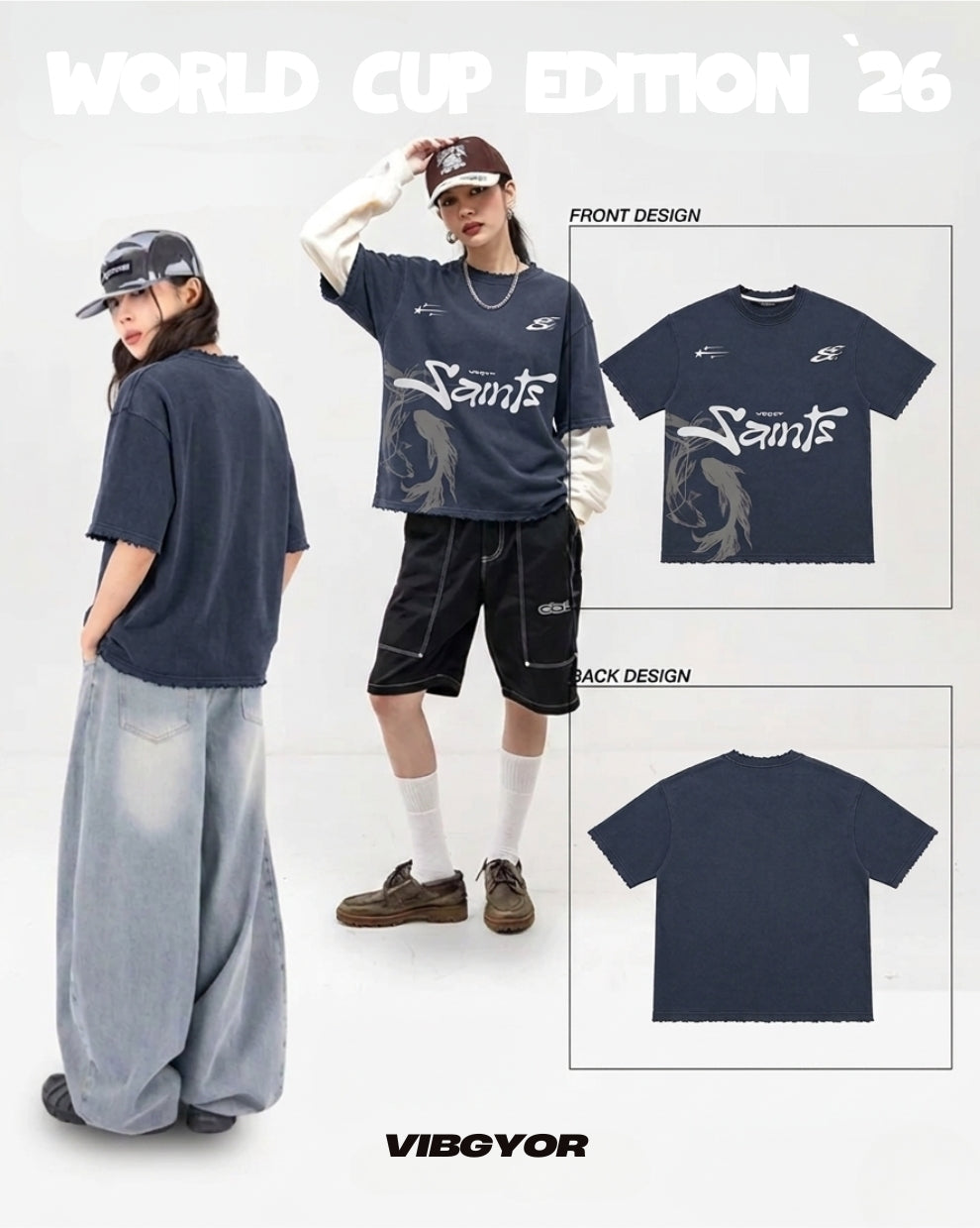 Two people wearing navy blue t-shirts with 'Saints' branding, surrounded by product designs and 'Vibgyor' branding.