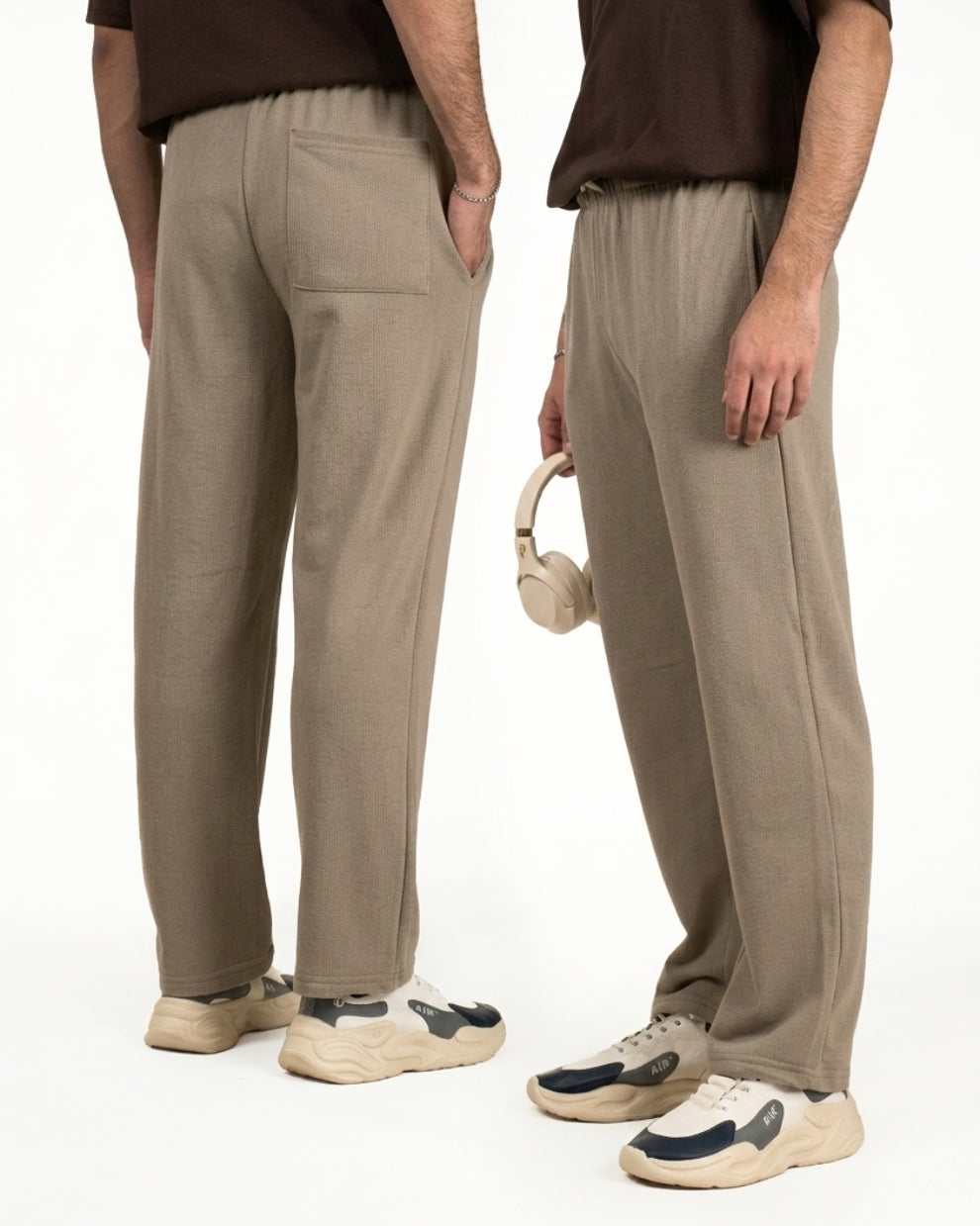 Two views of beige pants worn by a person on a white background