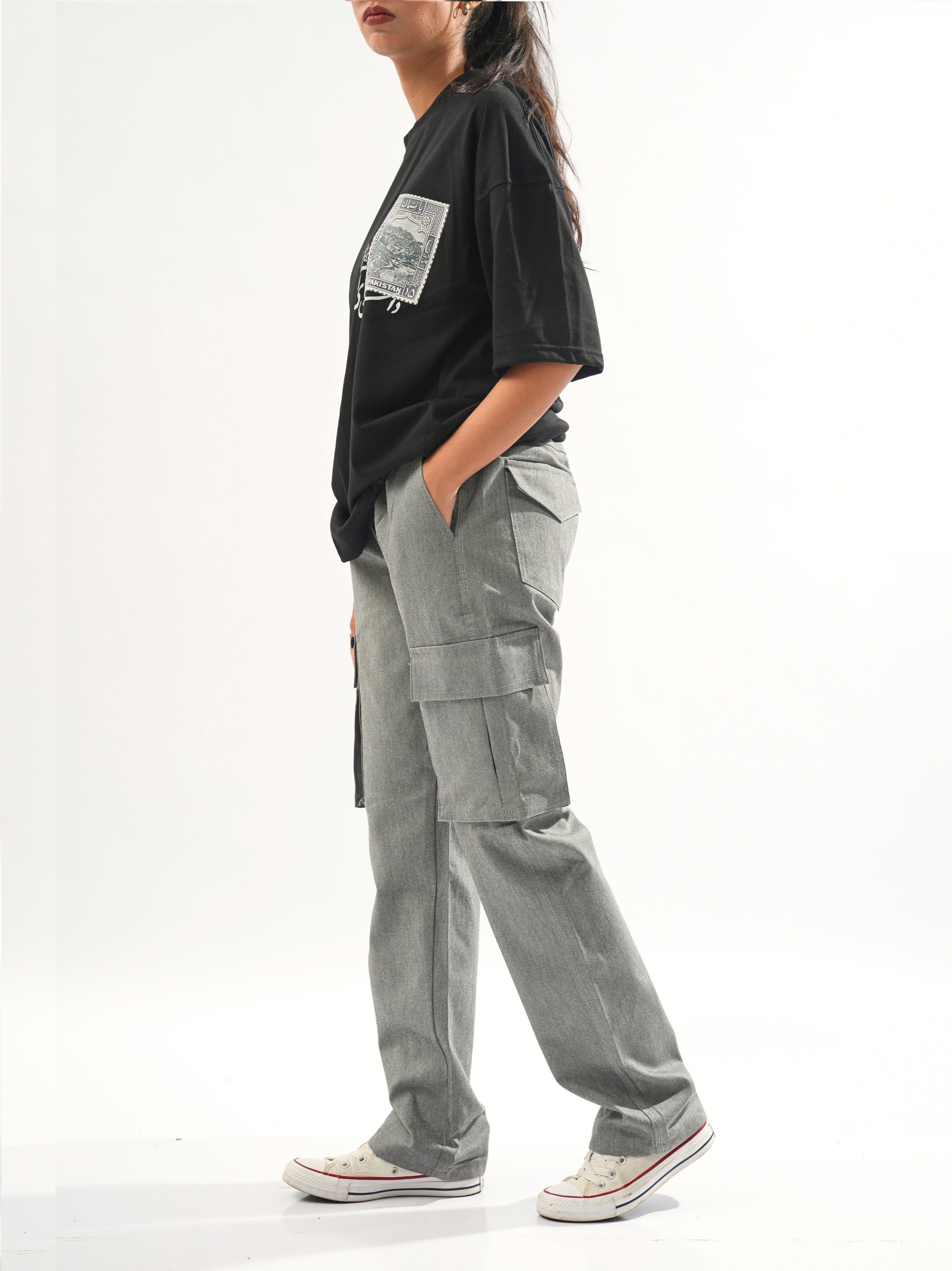 grey straight cargo pants for women