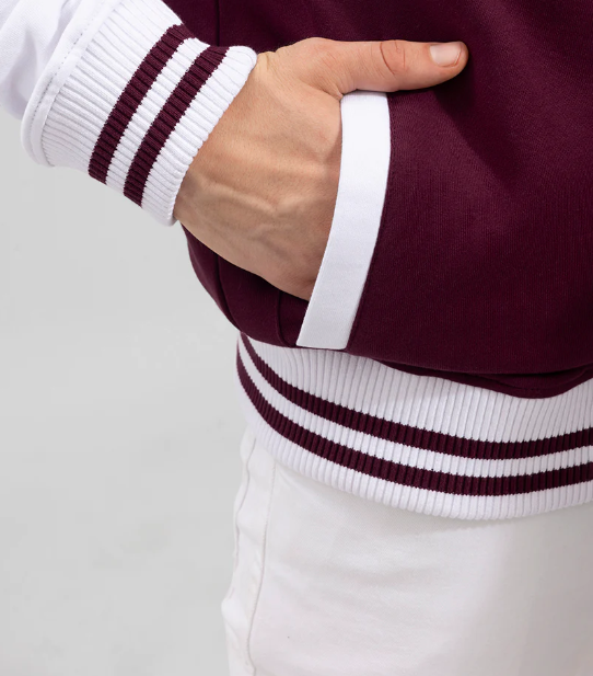 maroon varsity baseball jacket white